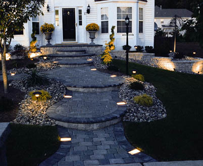Granite Appian Series Pavers with Granite Holland border & Kerr Lighting paver lights